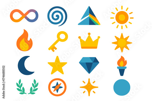 Vibrant Symbol Icons. Symbolic Themes flat icon set. infinity loop, spiral, prism, radiant aura, flame, key, crown, sun, moon, star, diamond, torch, laurel wreath, compass, glowing