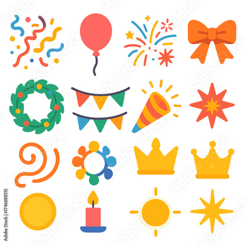 Festive Celebratory Elements. Celebration extras flat icon set. confetti, streamer, balloon, fireworks, ribbon bow, wreath, garland, festive horn, starburst, crown, glowing badge