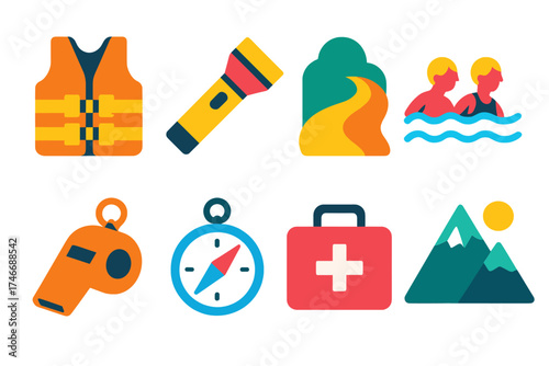 Outdoor Safety Essentials. Safety buddy system flat icon set. life jacket, flashlight, hiking trail, swimming pair, whistle, compass, first aid kit, mountain icon.