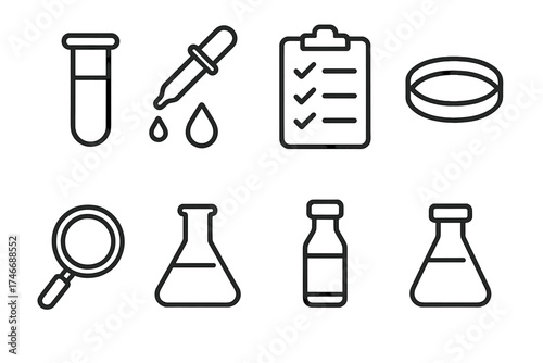 Lab Equipment Icons. Sampling outline set. test tube, pipette, droplet, petri dish, checklist, magnifying glass, flask, vial.