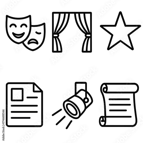 Theatrical Symbols Icons. Storytelling prologue outline set. theater mask, stage curtain, star, script, spotlight, scroll.