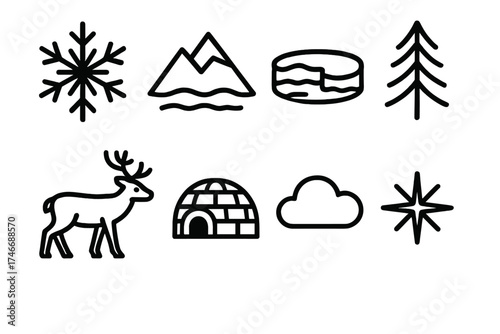 Tundra Icons Collection. Tundra outline set. snowflake, mountain, frozen lake, pine tree, reindeer, igloo, cloud, ice crystal.