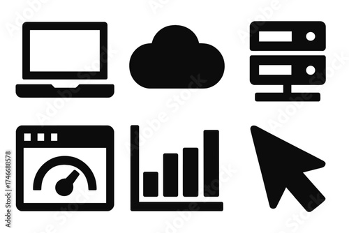 Brutalist Tech Icons. Basic cloud console silhouette set. laptop, cloud, server, dashboard, chart, cursor.