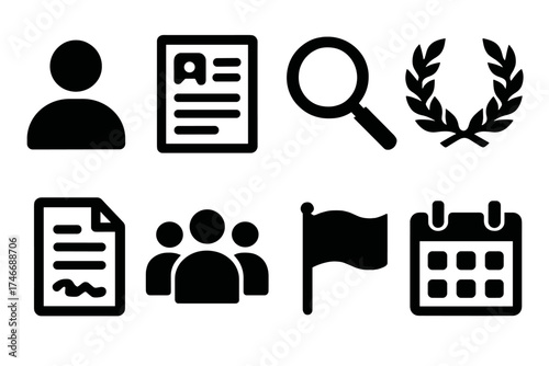 Brutalist Vector Icons. Candidate silhouette set. profile icon, application form, magnifying glass, laurel wreath, contract paper, group of people, flag, calendar.