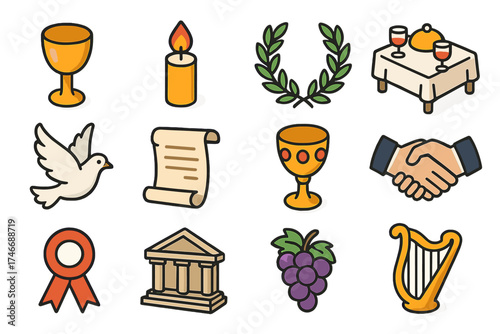Isometric Ceremony Icons. Ceremonial toasting isometric set. goblet, candle flame, laurel wreath, banquet table, dove, scroll, decorated cup, handshake, ribbon, temple, grape