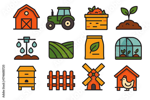 Modern Organic Farm Icons. Organic Farming flat icon set. barn, tractor, compost bin, seedling in soil, irrigation icon, farm field rows, eco fertilizer bag, greenhouse, beehive
