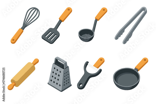 Isometric Kitchen Utensils. Cooking Utensils isometric set. whisk, spatula, ladle, tongs, rolling pin, grater, peeler, frying pan.