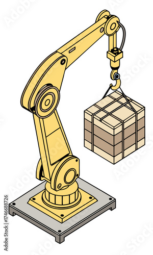 Industrial Robot Arm Lifting a Package Automation Manufacturing Technology Illustration.