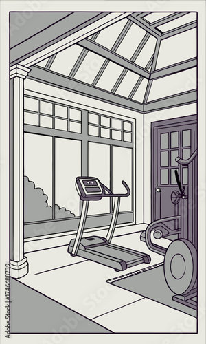 Indoor Home Gym with Treadmill and Exercise Equipment Illustration.