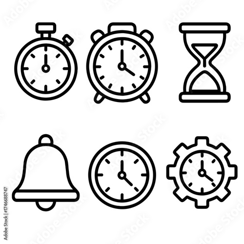 Clock Icon Collection. Clock self-timer outline set. stopwatch, alarm clock, sand hourglass, bell, dial, gear.
