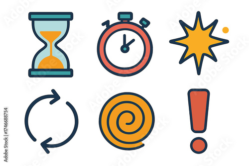 Modern Attention Icons. Short attention span flat icon set. hourglass, stopwatch, spark, arrow loop, spiral, exclamation mark.
