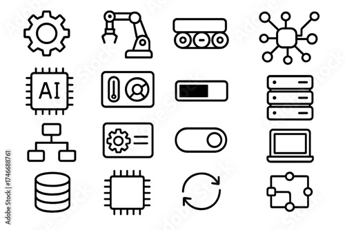 Automation Icon Set. Automation outline set. gear, robot arm, conveyor belt, circuit board, AI chip, dashboard, progress bar, network nodes, flowchart, settings gear, switch