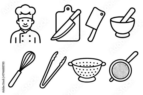 Cooking Tools Icons. Chef outline set. cutting knife, chopping board, cleaver, mortar and pestle, egg whisk, tongs, colander, strainer.