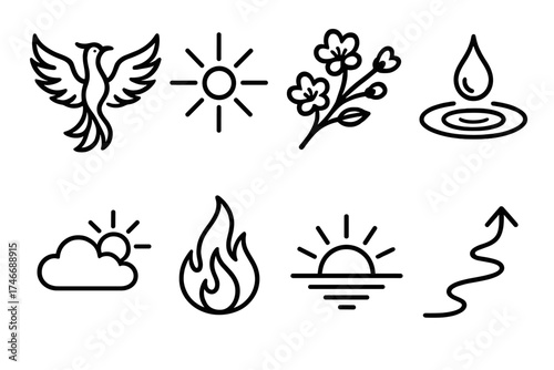 Phoenix Rebirth Icons. Awakening outline set. phoenix, glowing light, blossom branch, droplet ripple, cloud clearing, shining flame, horizon sun, upward path.