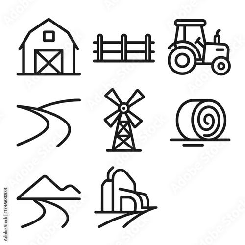 Prairie Icons Outline. Rural prairie outline set. barn, fence, tractor, windmill, hay bale, road.