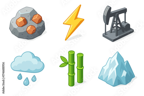 Isometric Resource Icons. Natural Resources isometric set. ore, energy bolt, oil well, rain cloud, bamboo, glacier.