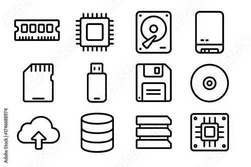 Tech Memory Icons. Memory Technology outline set. RAM stick, microchip, hard drive, SSD, memory card, USB stick, floppy disk, CD/DVD, cloud storage, database cylinder, cache layers