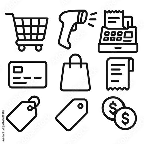 Retail Icons Outline. Retail Checkout outline set. shopping cart, barcode scanner, cash register, receipt, credit card, price tag, shopping bag, coins.