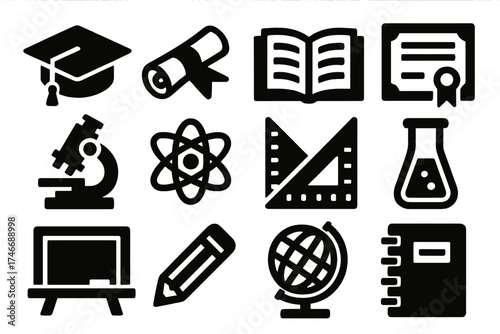 Academic Icon Set. Academic career silhouette set. graduation cap, diploma, open book, certificate, microscope, atom, ruler, test tube, chalkboard, pencil, globe, notebook.