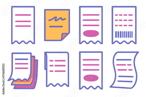 Minimalistic Receipt Design. Purchase receipt flat icon set. tall slip, handwritten note, bold total, dotted lines, barcode print, stacked receipt pile, folded paper, itemized