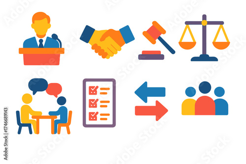 Debate Icons Collection. Debate & Dialogue flat icon set. podium speaker, handshake, justice gavel, scales of balance, discussion table, checklist paper, opposing arrows, group