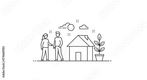 Line art illustration showing a house people and foliage elements