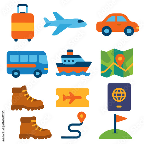 Travel Icons Collection. Travel direction flat icon set. suitcase, airplane, train, car, bus, ferry, road map, passport, hiking boots, ticket, path marker, destination flag.