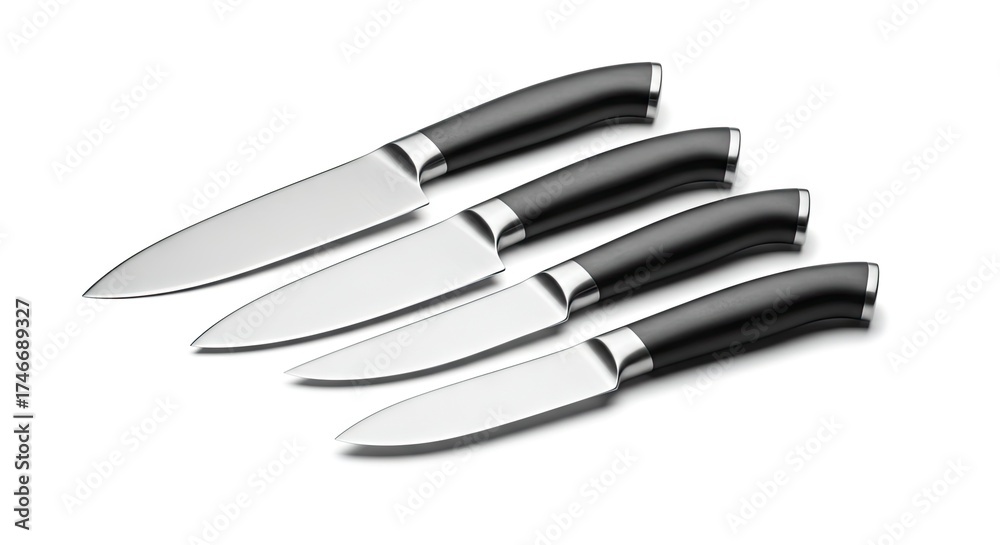 Obraz premium Four stainless steel knives with black handles are angled on a white surface