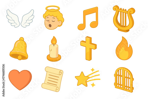 Heavenly Choir Icons. Heavenly choir isometric set. angel wings, singing face, music note, lyre, bell, candle, cross, flame, heart, scroll, star trail, gate.