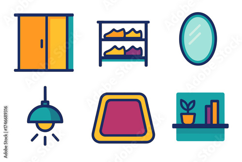 Minimalist Modern Entryway. Modern entryway flat icon set. sliding door, shoe rack, mirror, light fixture, rug, shelf.
