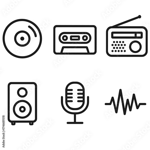 Audio Icons Collection. Audio analog outline set. vinyl record, cassette tape, radio, speaker, microphone, waveform.