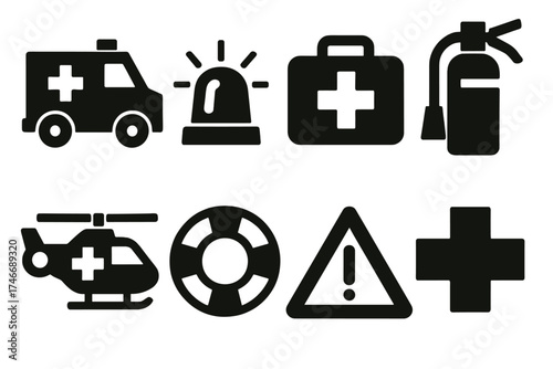 Brutalist Disaster Icons. Emergency Disaster Recovery silhouette set. ambulance, siren light, first aid kit, fire extinguisher, rescue helicopter, lifebuoy, warning triangle