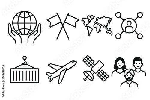 Global Unity Icons. Global partnership outline set. globe with hands, international flags, world map, network nodes, shipping container, airplane, satellite, diverse people icons.
