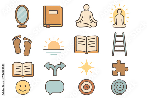 Personal Growth Icons. Personal Honesty isometric set. mirror, diary, meditating figure, glowing aura, footprints, sunrise, journal, ladder, open book, path arrows, glowing spark