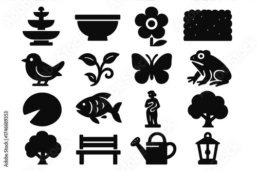 Brutalist Garden Icons. Garden Fountain silhouette set. tiered fountain, stone basin, flower, hedge, bird, vine, butterfly, frog, lily pad, koi fish, garden statue, shrub, tree