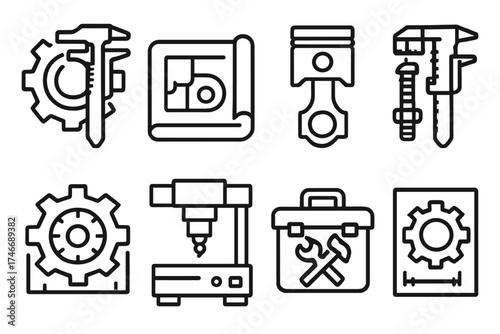 Engineering Tools Blueprint. Engineering caliper outline set. gear with caliper, blueprint, piston, bolt with caliper, cogwheel, technical drawing, CNC machine, toolbox.