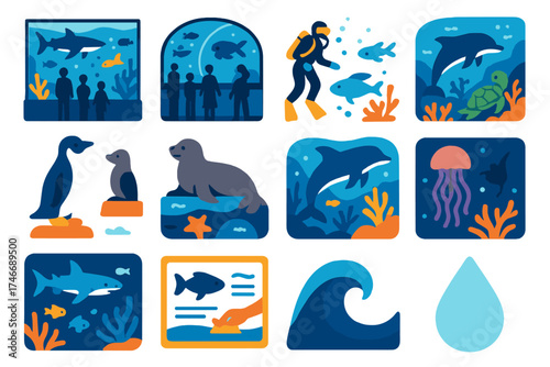 Vibrant Aquarium Icons. Public Aquarium flat icon set. large tank, glass tunnel, diver, viewing crowd, penguin, seal, dolphin, turtle, shark, touch pool, jellyfish, stingray, coral