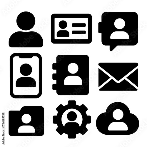 Bold Vector Icons. User Profile silhouette set. avatar silhouette, ID card, contact book, chat bubble, smartphone screen, email envelope, settings gear, cloud account.