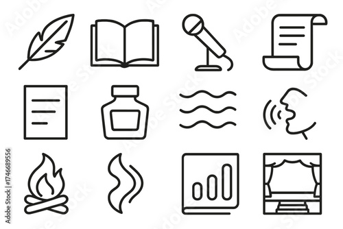Rhythmic Poetry Icons. Poetic rhythm outline set. quill, open book, stanza lines, spoken word mic, scroll, haiku paper, ink bottle, verse waves, rhythm bars, chanting mouth