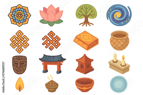 Cultural Symbols Isometric Icons. Cultural imagery isometric set. mandala, lotus flower, tree of life, cosmic swirl, infinity knot, tribal motif, patterned cloth, woven basket
