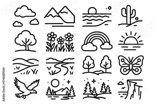 Nature Icon Collection. Nature Openness outline set. wide sky, mountain valley, ocean horizon, desert plain, tree canopy, flower field, rainbow, sunrise, meadow, river bend, forest
