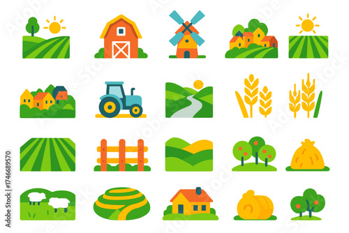 Rural Vector Icons. Rural Landscape Icons flat icon set. farm field, barn house, windmill, crop rows, village skyline, tractor in field, countryside road, wheat stalks, vineyard