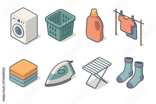 Laundry Room Essentials. Laundry Room isometric set. washing machine, laundry basket, detergent bottle, clothesline, folded towels, iron, drying rack, socks.