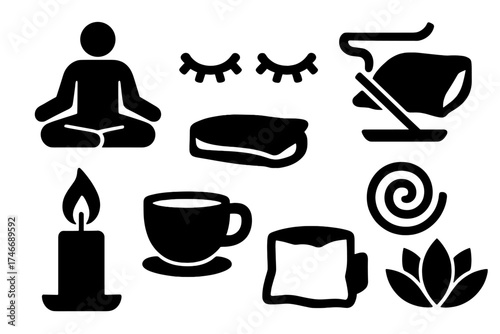 Mindful Icon Set. Mindful Rest silhouette set. meditating figure, closed eyes, soft pillow, incense stick, candle flame, tea cup, breathing swirl, lotus flower.