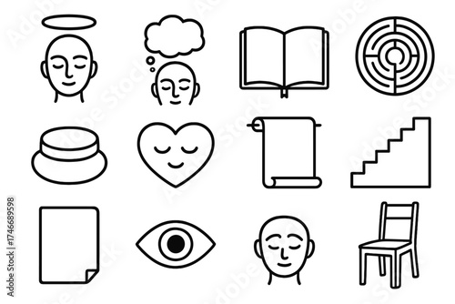 Symbols of Inner Peace. Inner quiet outline set. closed eyes, thought bubble blank, diary, halo, labyrinth, meditation cushion, heart calm, empty scroll, staircase upward, blank