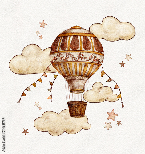 Hot air balloon in the clouds and stars children illustration