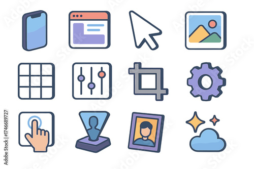 Isometric Icon Set. Digital Tilt-Shift isometric set. smartphone, app window, cursor, gallery, grid, editing sliders, crop tool, gear, touchscreen, hologram, photo frame, sparkle