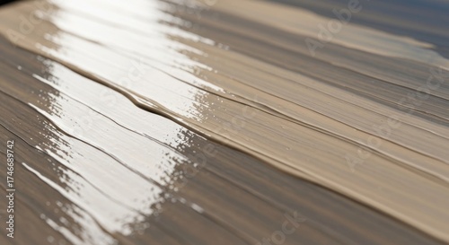 Shimmering strokes of beige, brown, and blue paint laid parallel