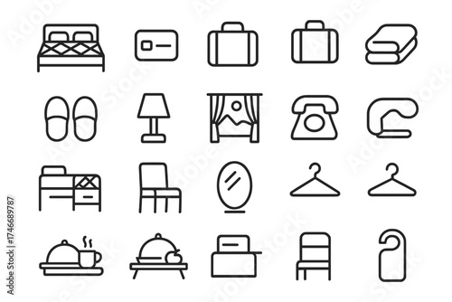 Hotel Room Icons. Hotel Mattress outline set. double bed, key card, suitcase, folded towel, slippers, bedside lamp, curtain, window view, phone, desk, quilt, chair, mirror, hanger