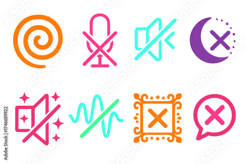 Brutalist Mute Icons. Creative mute silhouette set. abstract silent swirl, neon crossed mic, glowing mute symbol, cosmic quiet, starry no-sound, fractal wave off, ornate silence